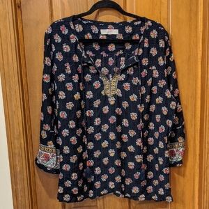 LOFT Blue Embellished 3/4 Sleeve Blouse top hippie floral summer lightweight